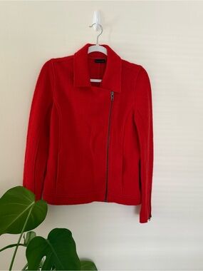 Tahari Bright Red Asymmetrical Zip Leather Jacket